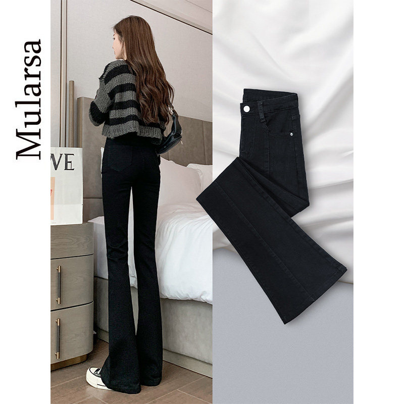 Black Jeans Woman 2021 Winter New Fashion Splicing Plus Suede High Waist Display Slim Broadleg Micro Horn Pants