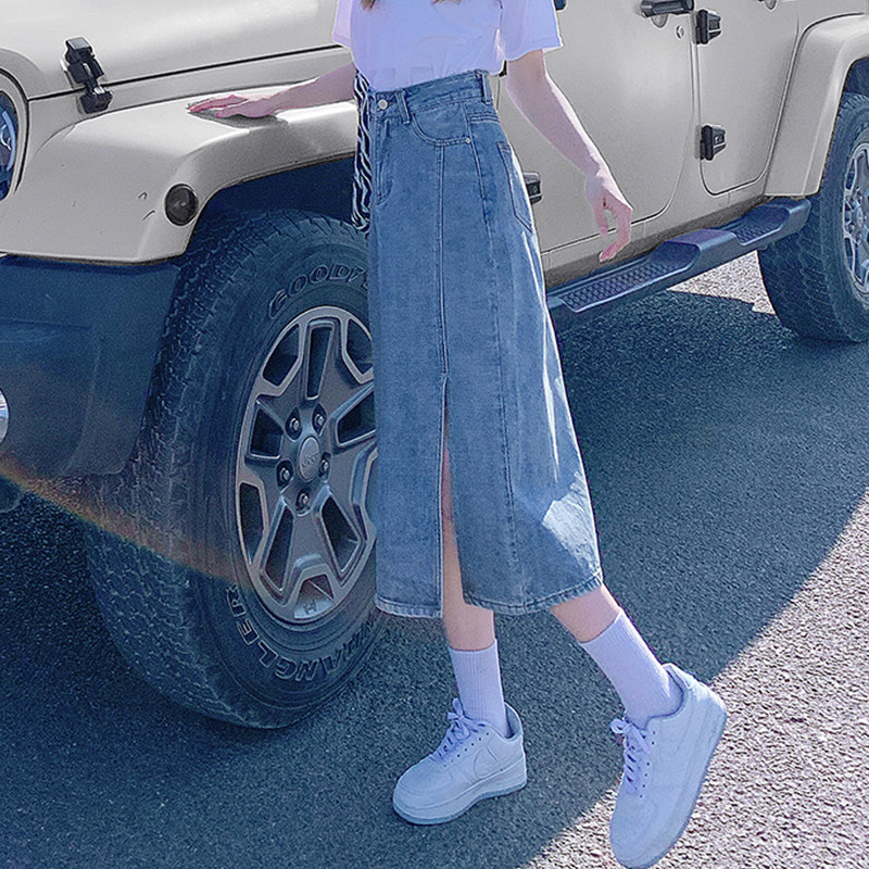 mularsa denim half body skirt woman 2021 Summer new thin display slim 100 lap high waist a character open fork in a long skirt