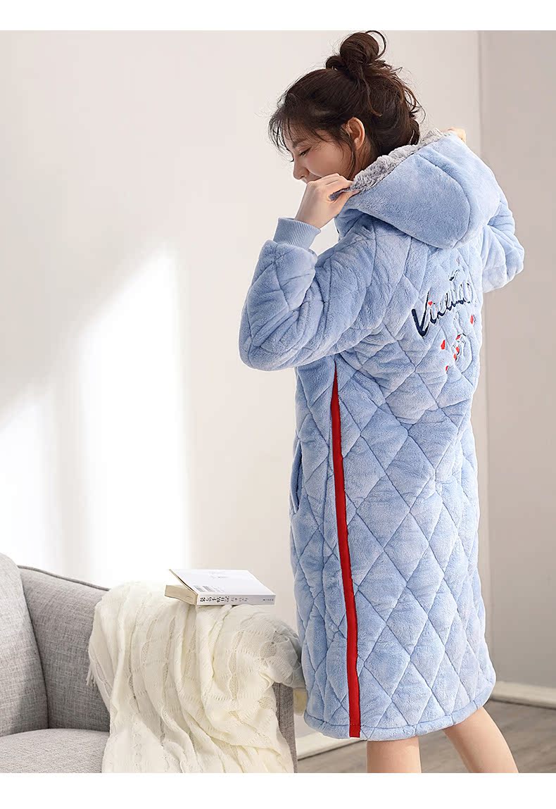 Đàn ông mùa đông ba lớp nhung san hô nhung nữ đồ ngủ đơn giản áo len nữ áo ngủ ấm áp phục vụ nhà áo choàng tắm - Night Robe áo choàng nhung 