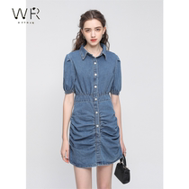 Bubble sleeve denim dress women waist thin 2021 spring and summer new Korean button ruffled a skirt