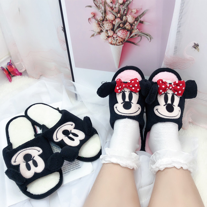 Spring and autumn and winter men and women cute cartoon Mickey couple fingerless non-slip soft bottom indoor floor Home cotton slippers