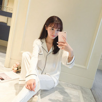 Spring Autumn Lady simple sweet shirt lapel collar silky silk satin long sleeve trousers casual home wear pajamas set