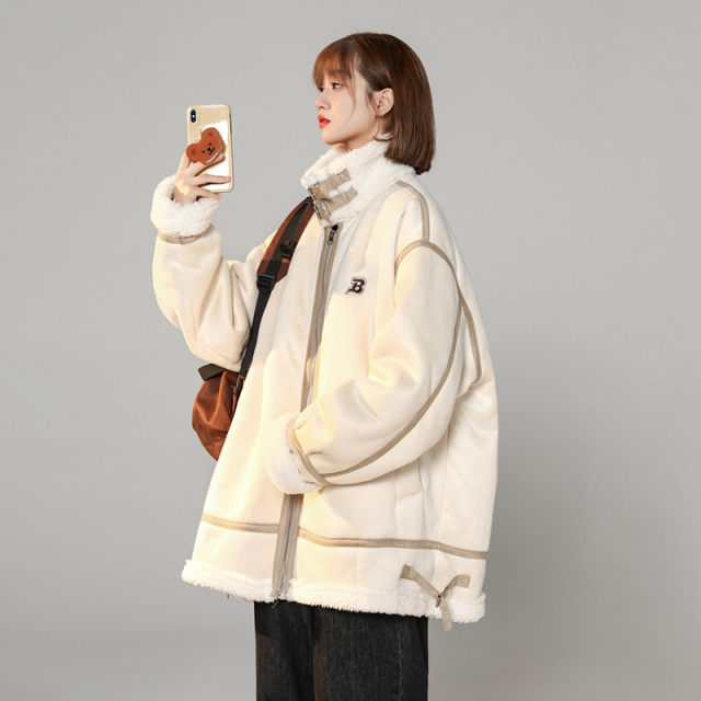 Suede lambswool stand-up collar cotton coat for women winter fat mm loose Korean style bf neutral fur one-piece cotton coat