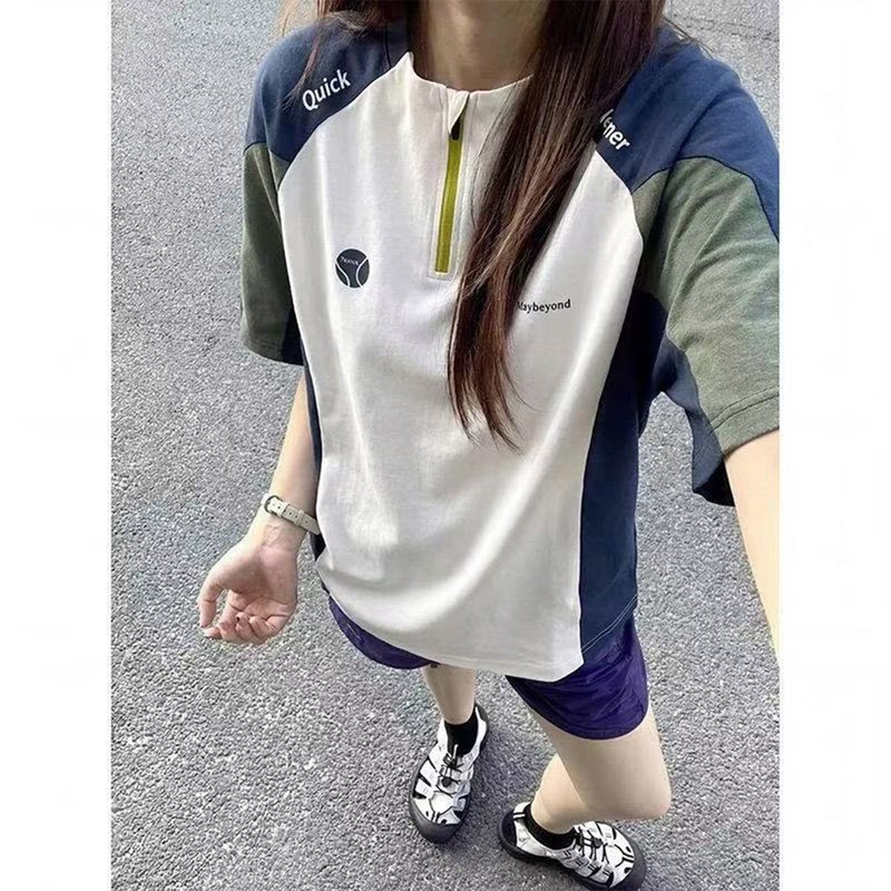 Color-Blocked Quick-Drying Short-Sleeve T-Shirt for Women, Summer Plus-Size Loose Fit, Slimming, Casual Half-Zip Sports Top