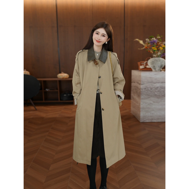【Liz Illustrated】Autumn New Linen Rayon British Style Slimming Mid-Length Women's Trench Coat