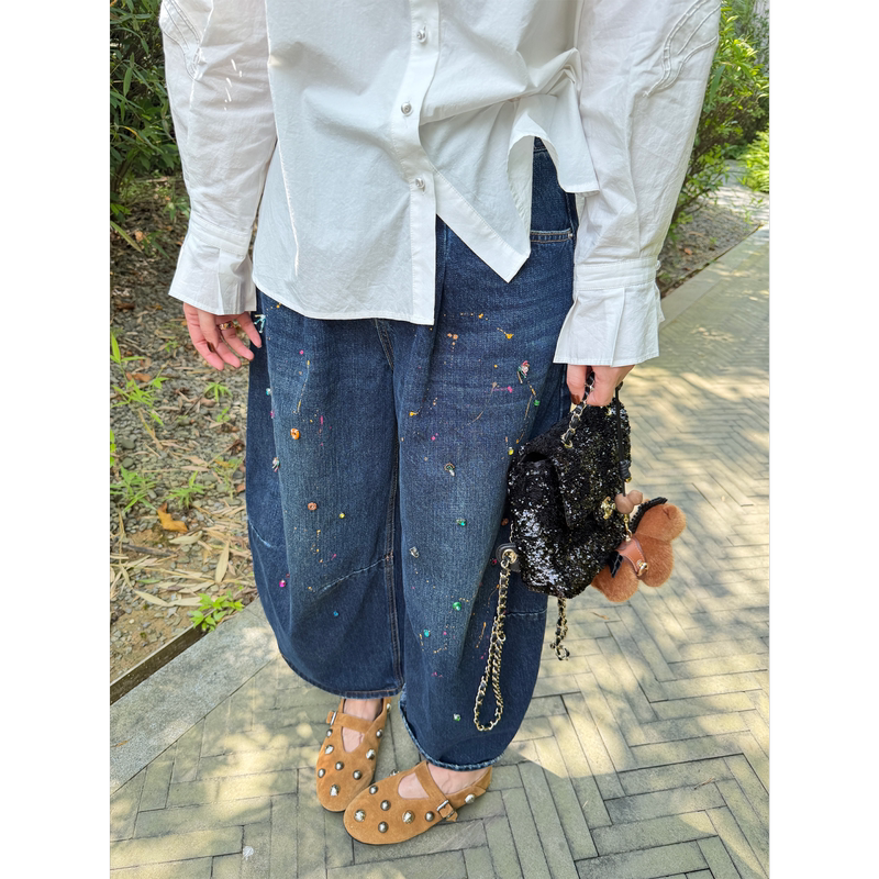 【Gypsophila】Autumn New Street Style High-Waisted Colorful Beaded Vintage Distressed Splatter Denim Jeans for Women 【Gypsophila】Autumn New Street Style High-Waisted Colorful Beaded Vintage Distressed Splatter Denim Jeans for Women