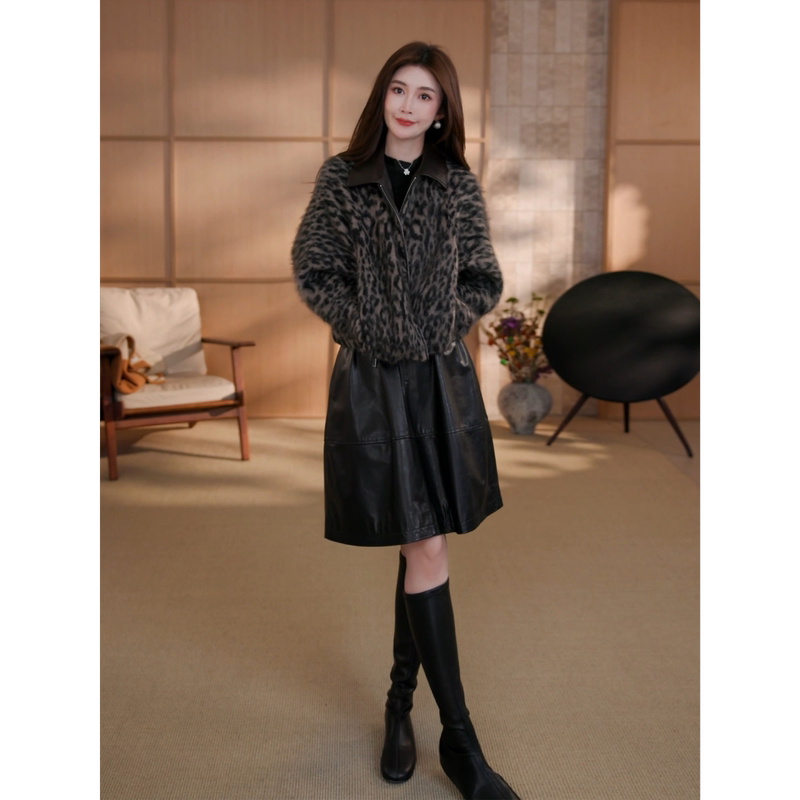 New Autumn and Winter Cashmere Light Luxury Slimming and Elegant Warm Lapel Long-Sleeve Leopard Print Short Coat for Women