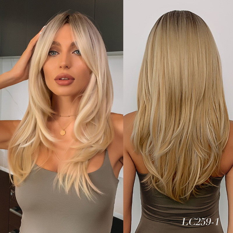 Popular European and American Style Gradient Golden Hair with Bangs and Slightly Wavy Ends, High-Temperature Fiber, Multiple Colors Available, Women's Wig Popular European and American Style Gradient Golden Hair with Bangs and Slightly Wavy Ends, High-Temperature Fiber, Multiple Colors Available, Women's Wig