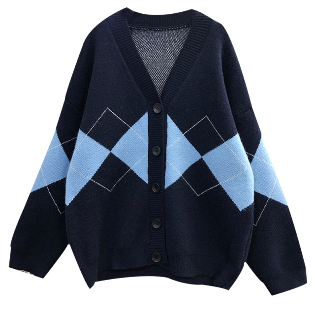 Mi Mi Ke 2022 autumn and winter Korean version of the rhombus V-neck knitted cardigan women's college style loose lazy sweater coat trendy