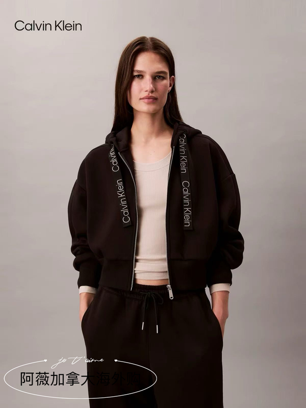 Ck Calvin Klein Autumn and Winter Women's Loose Short Hooded Sweatshirt with String Logo and Straight Wide-Leg Sweatpants Ck Calvin Klein Autumn and Winter Women's Loose Short Hooded Sweatshirt with String Logo and Straight Wide-Leg Sweatpants
