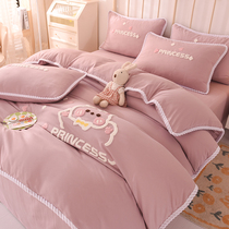 Cute rabbit bed sheet set of four pure cotton quilt cover edged solid color simple bedspread style fitted sheet girls bedding