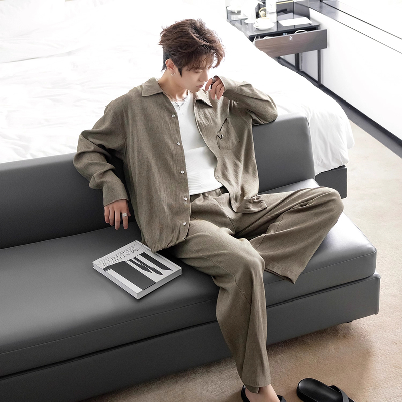 Plus Size 150kg Retro Style Cotton and Linen Long-Sleeved Shirt Men's Autum Suit High-End Loose Linen One-Piece Two-Piece Set2