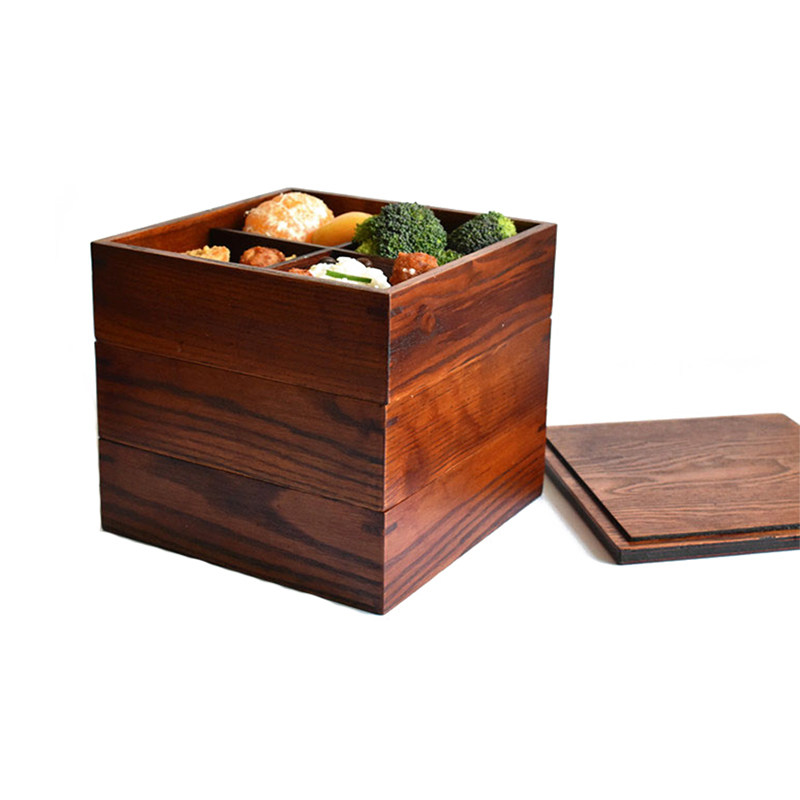 Three-layer wooden box lunch box Japanese lunch box solid wood square fast food box children's sushi box snack box partition
