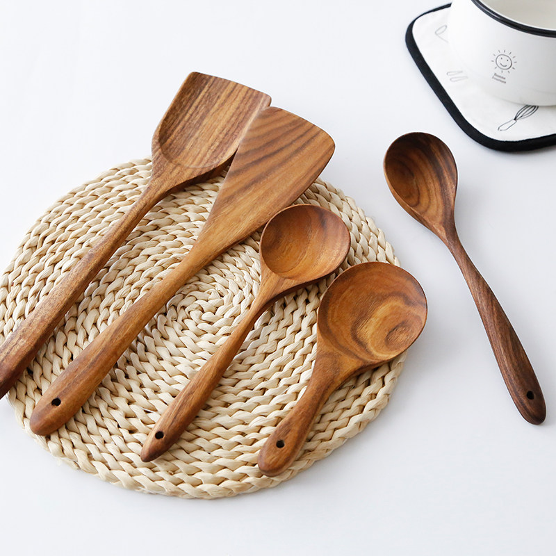 Thai Teak Wood No Lacquered Solid Wood Pan Shovel Rice Spoon Kitchen Fried Vegetable In stock Soup Wooden Spoon Wood Spade with a spoonful of small leaves Siding