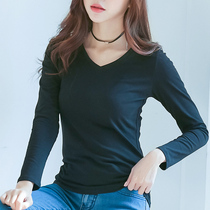 Pure cotton V neckline undershirt woman long sleeve tight fit spring autumn 2020 new Korean version 100 hitch fit lady T-shirt