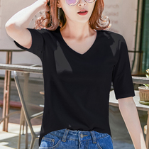 Black Mid-Sleeve V-neck T-shirt Women 2021 New Spring and Autumn Women Korean Student Half sleeve Pure Cotton Pure White Top