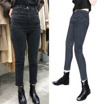 2021 autumn and winter new womens autumn black high waist jeans fat sister plus velvet plus size slim straight long pants