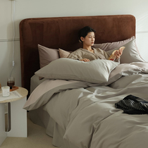 Simple high-end thick pure color cotton 100 grinding bed four-piece set double-piece quilt cover shallow chestnut spelling milk tea