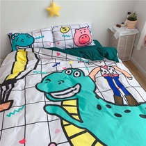 Childrens cartoon all-pure cotton bed Three-four sets of sets of dinosaur total mobilised little girl for overnight fury