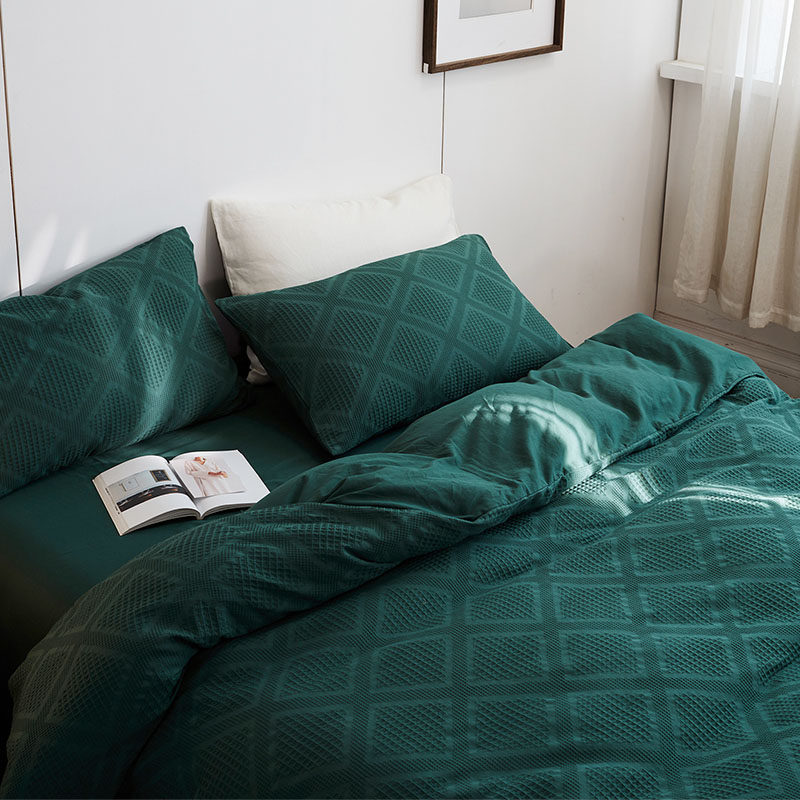 Japanese-style good product Korean-style solid-color cotton jacquard waffle bed four-piece suit emerald quilt cover fitted sheet