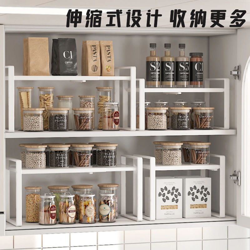 引き込み式キッチンラックカウンタートップキャビネットパーティションレイヤーラックキャビネット調味料収納ラックポットラックボウルラック