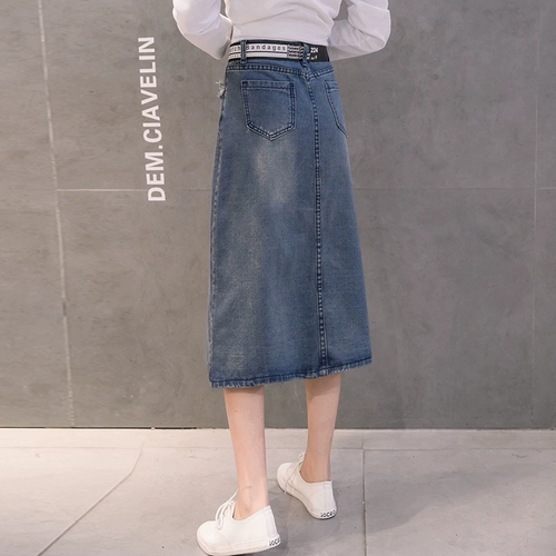 Длинная осенняя джинсовая юбка, высокая талия, А-силуэт