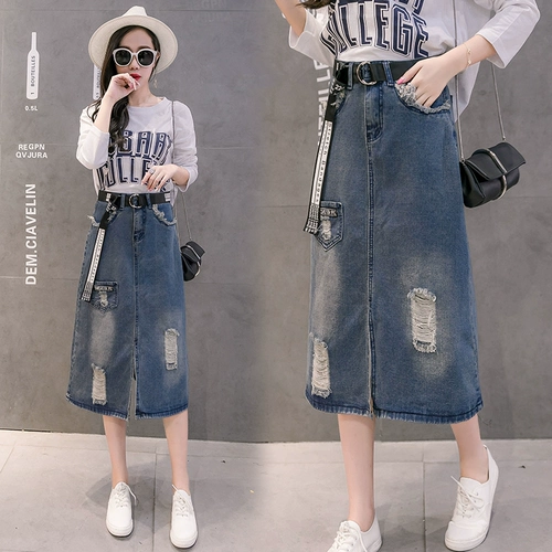 Длинная осенняя джинсовая юбка, высокая талия, А-силуэт