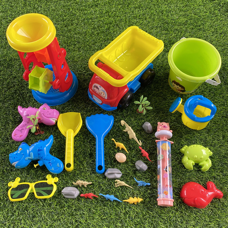 Jianxiong children's beach toys boys and girls beach water beach car water cannon dinosaurs digging sand hourglass bucket set