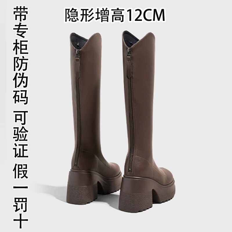 Hong Kong 12cm High-Heeled Boots, Autumn and Winter 2025 New Style, Over-The-Knee Thick-Soled Chunky Heel Height-Increasing Brown Long Boots for Women