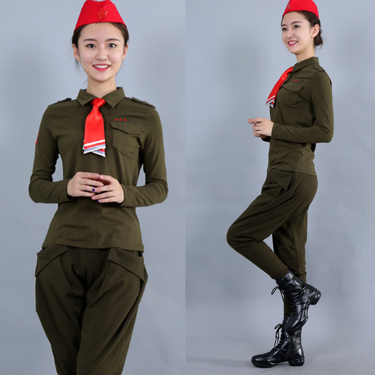 Square Dance Performance Clothing New Spring Autumn Sailors Dance Costumes Women Long Sleeves T-shirt Army Green Pure Cotton Outdoor Dance Suit