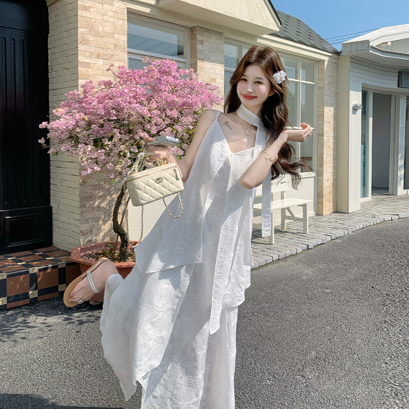 White French-Style Jacquard Irregular Patchwork Spaghetti Strap Dress 2026 New Women's Spring/Summer Exquisite Fairy-Like Long Dress