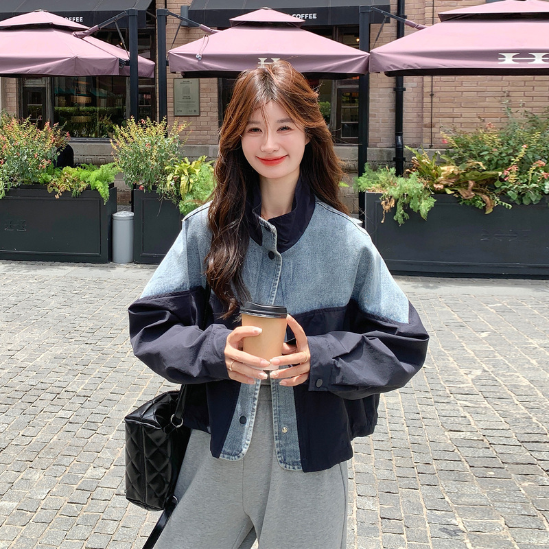 Color-Blocked Denim Short Jacket 2026 New Style Women's Spring and Autumn Korean Style Super Stylish Stand Collar Jacket