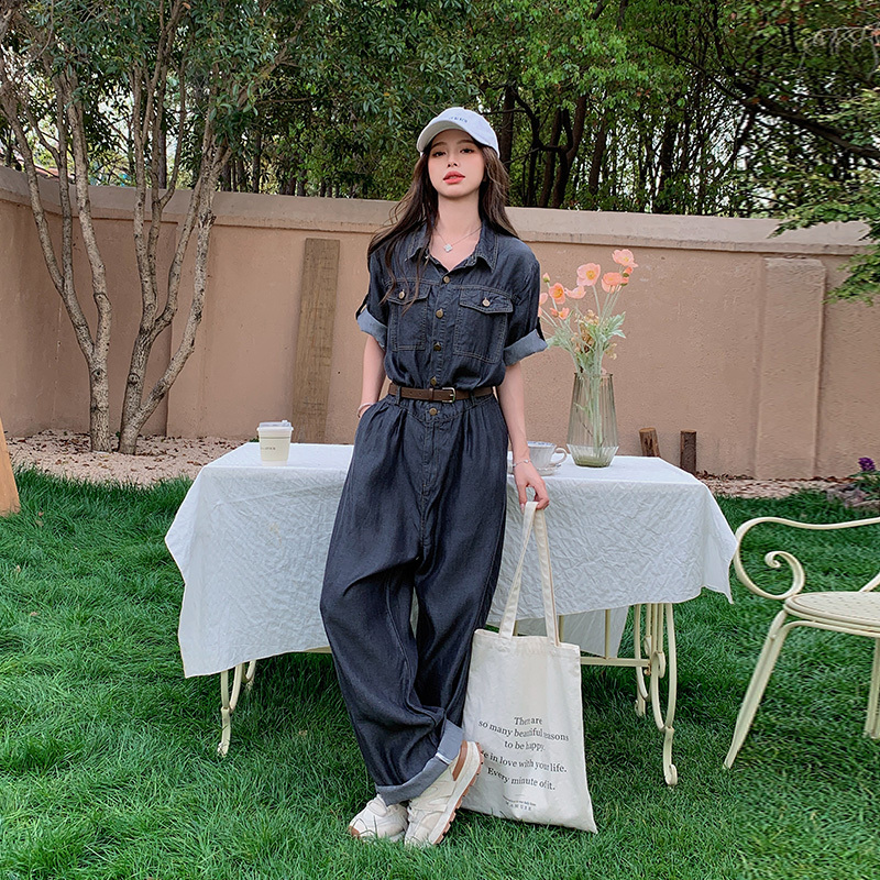 Dark Blue Tencel Denim Overalls 2026 New Thin Style Women's Summer Retro Hong Kong Style Cool Casual Wide-Leg Pants