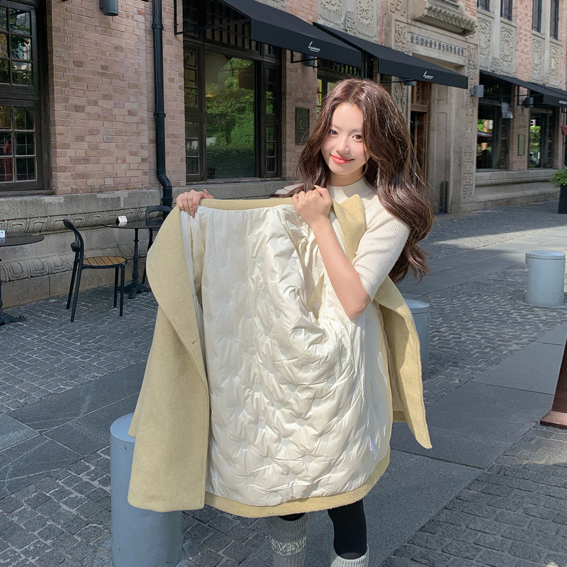 Khaki Lined down Jacket Woolen Coat 2025 New Women's Winter Mid-Length Thickened Fleece Hot-Selling Woolen Coat