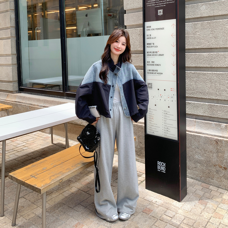 Blue Retro Patchwork Denim Jacket 2026 New Women's Spring and Autumn Korean Chic Stand Collar Short Jacket Top