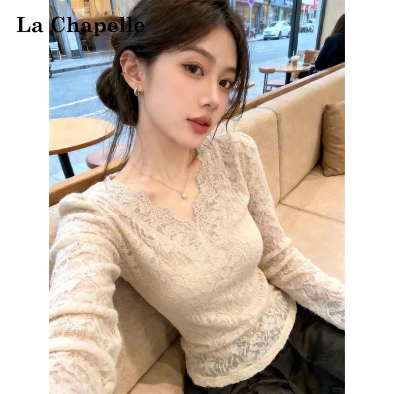La Chapelle French-Style V-Neck Lace Trim Hollow-Out Top for Women, New Slim-Fit Long-Sleeve T-Shirt for Spring and Autumn