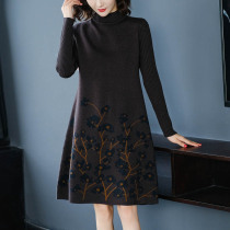 Mid-length semi-high-neck knitted dress womens autumn and winter New loose thin foreign-style printed sweater skirt thick