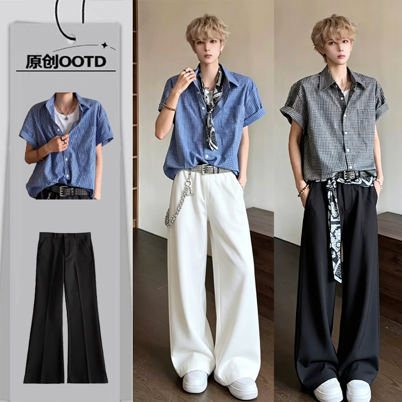 Two-Piece Summer Blue Plaid Short-Sleeved Shirt for Men, Cleanfit Stereo Lapel Shirt, Loose Flared Trousers Two-Piece Summer Blue Plaid Short-Sleeved Shirt for Men, Cleanfit Stereo Lapel Shirt, Loose Flared Trousers