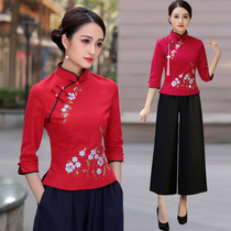 Chinese womens improved Tang dress qipao cotton linen blouse art retro folk national wind red tea man Han uniforms two sets