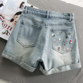 High-Waisted Denim Shorts for Women with Rolled Edges and Embroidery, 2025 New Fashion, Loose Wide-Leg Embroidered Hot Pants for Petite Women