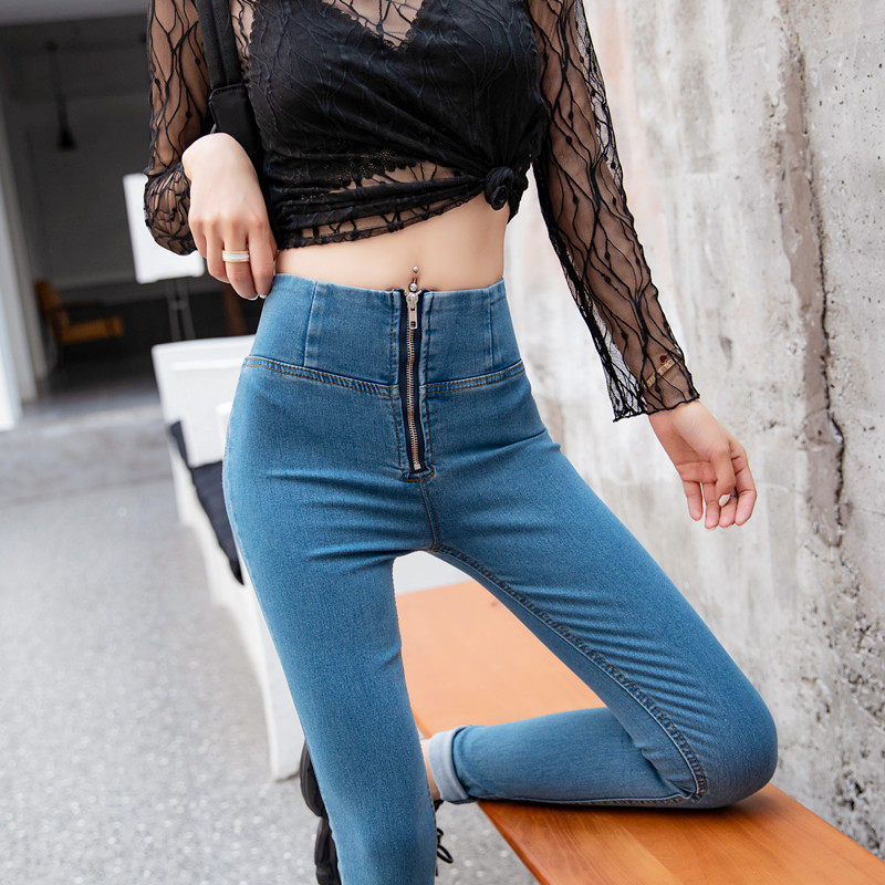 High waist jeans women's spring new Korean version with slim fit and sexy lifting hip and European and American small feet slim fit pants
