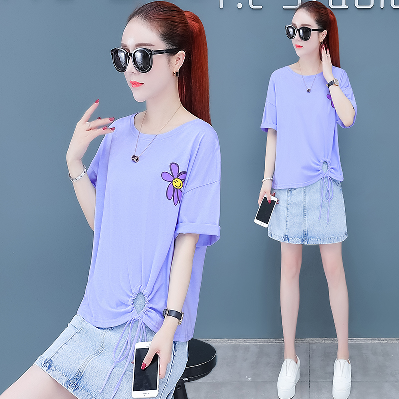 Hướng dương in hoa cúc nhỏ t-shirt của phụ nữ thuần xu hướng màu đỏ gió lười biếng lỏng Hàn Quốc phiên bản của tay áo ngắn giản dị vòng cổ