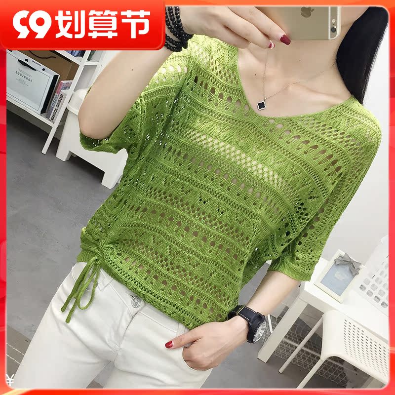 Autumn 2022 new net red top Western style knitted sweater female hollow bright silk drawstring fashion bat shirt thin sweater