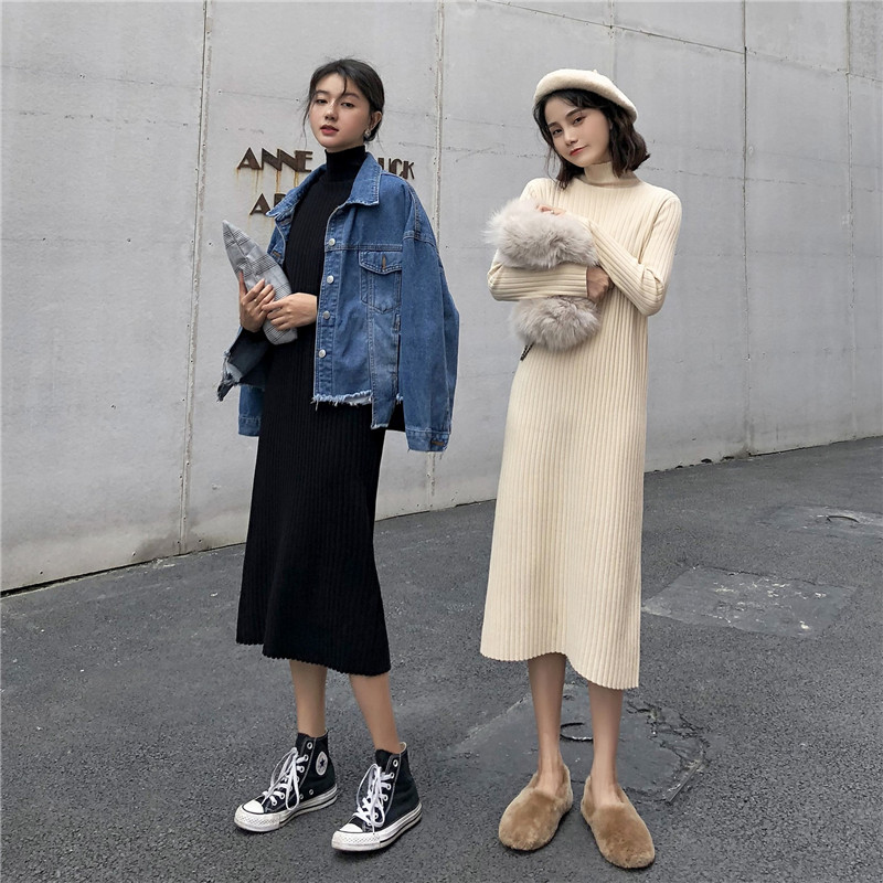 2022 autumn and winter women's temperament new mid-length over-the-knee sweater skirt light familiar style high-neck bottoming knitted dress