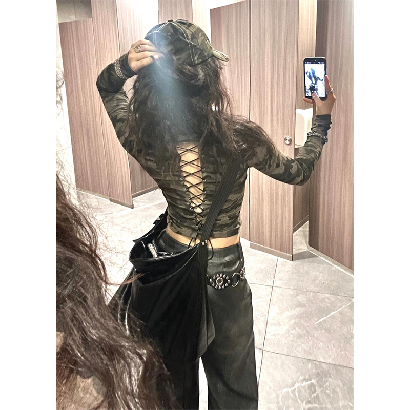 American-Style Spicy Girl Camouflage Back-Tie Top for Women, Millennial Style Y2K Early Autumn Thin Long-Sleeve Zip-Up Sweatshirt Jacket