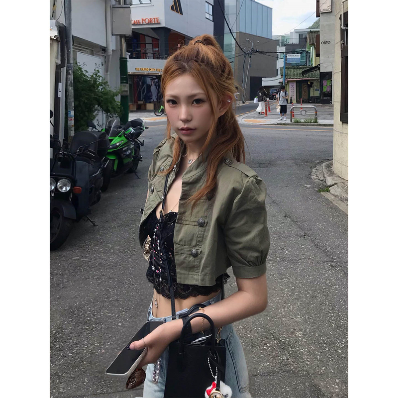 Napoleon Double-Breasted Short-Sleeve Jacket for Women, Short Design, Military Green Workwear, Summer Thin Outerwear, Trendy Napoleon Double-Breasted Short-Sleeve Jacket for Women, Short Design, Military Green Workwear, Summer Thin Outerwear, Trendy