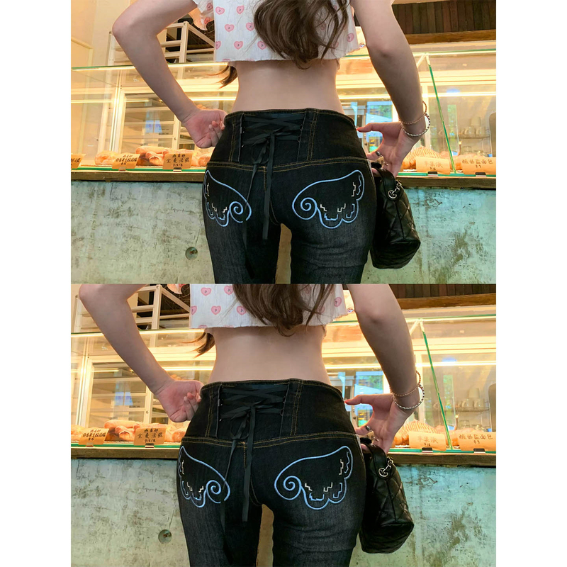 American Retro Style Jeans with Wing Embroidery and Back Waist Straps for Women, Y2K Millennial Hottie Low-Waisted Slimming Flared Pants American Retro Style Jeans with Wing Embroidery and Back Waist Straps for Women, Y2K Millennial Hottie Low-Waisted Slimming Flared Pants
