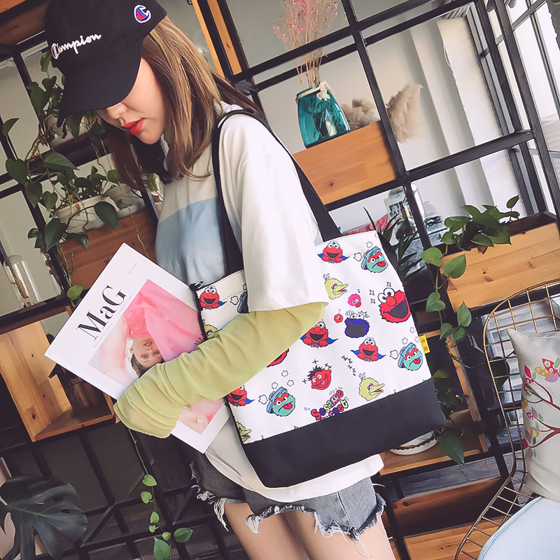Canvas bag women's single shoulder oblique cross simple and wild student lazy wind splicing book tote bag Large capacity bag