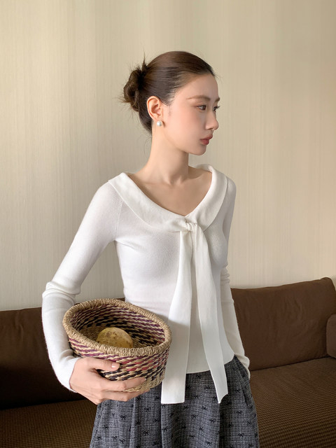 Xxning Lapel Ribbon Slim Knit Sweater for Women, Autumn and Winter, Slim Fit, Elegant, Slimming, Gentle, Commuting, Casual Top