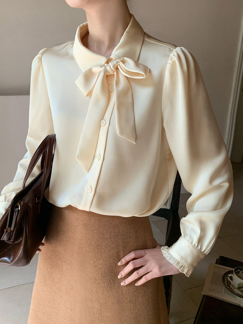 Xxning French-Style Fabric Ribbon-Decorated Satin Shirt for Women, Autumn and Winter, High-End Design, Niche and Unique Top
